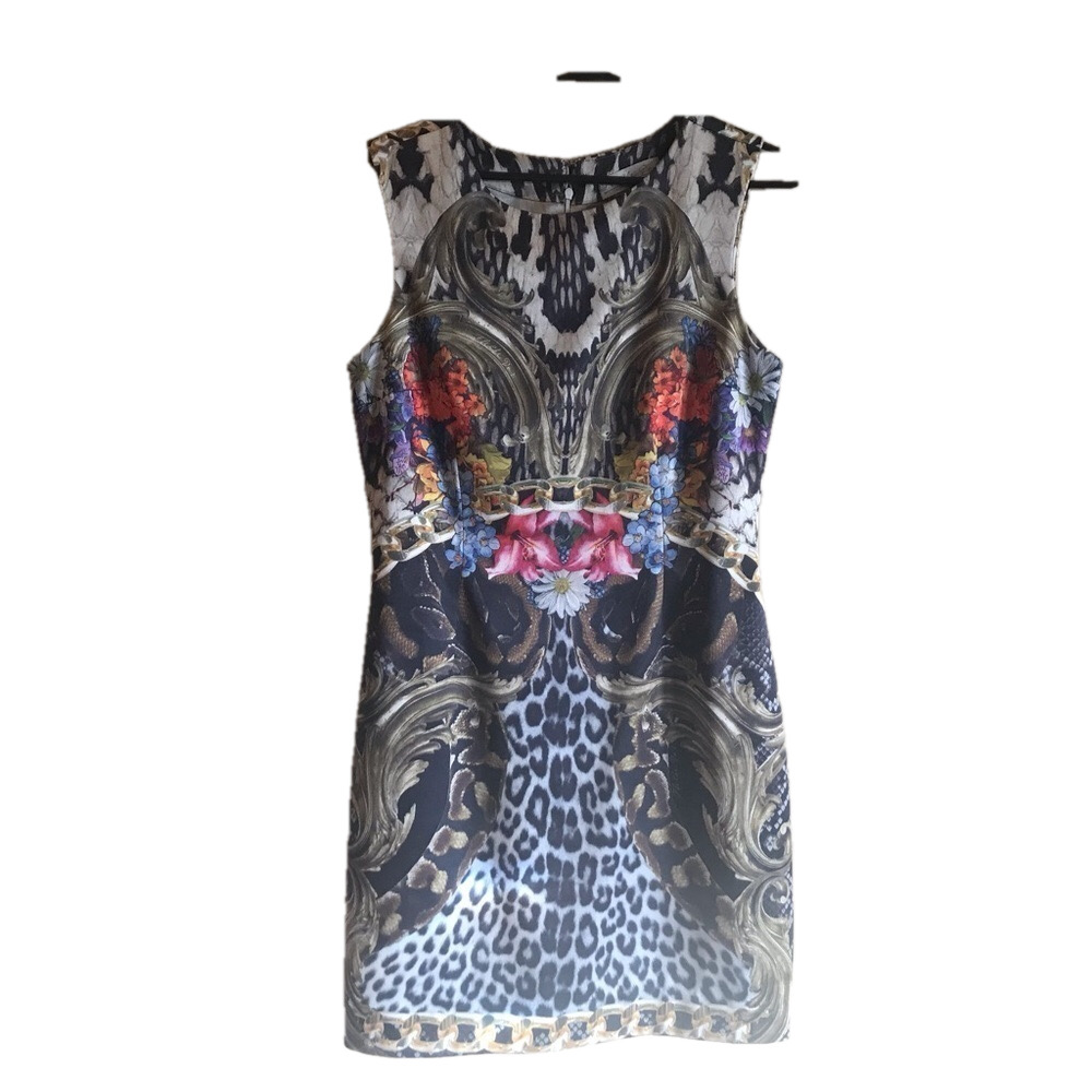 Fleche D’or Size Med Floral Colourful Dress with Zipper to Back Silky Gold Liner